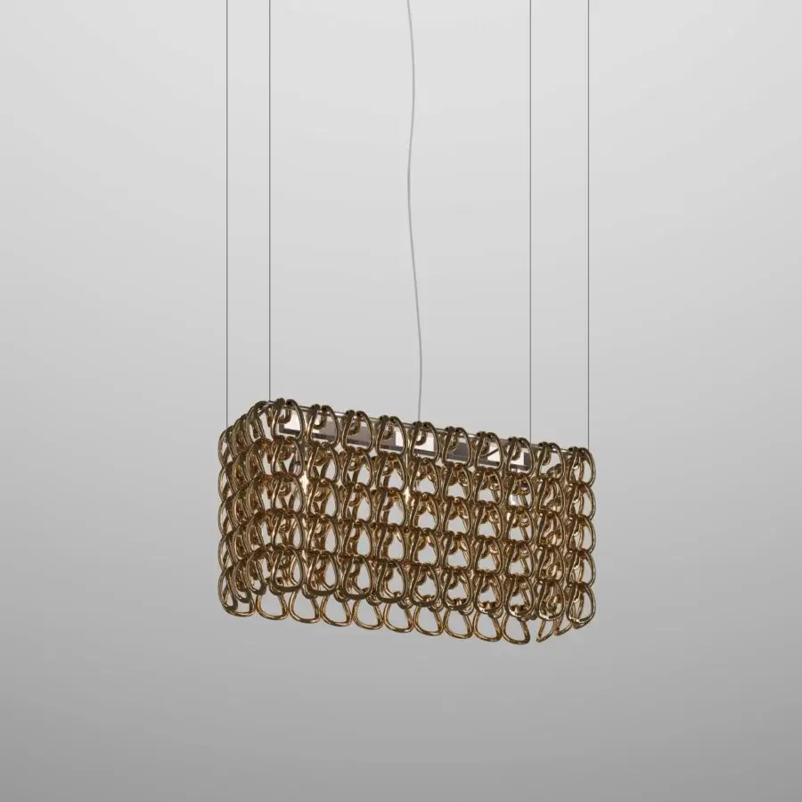 Superior Vistosi Giogali Cube suspension lamp with an ornate open structure in glossy golden metal