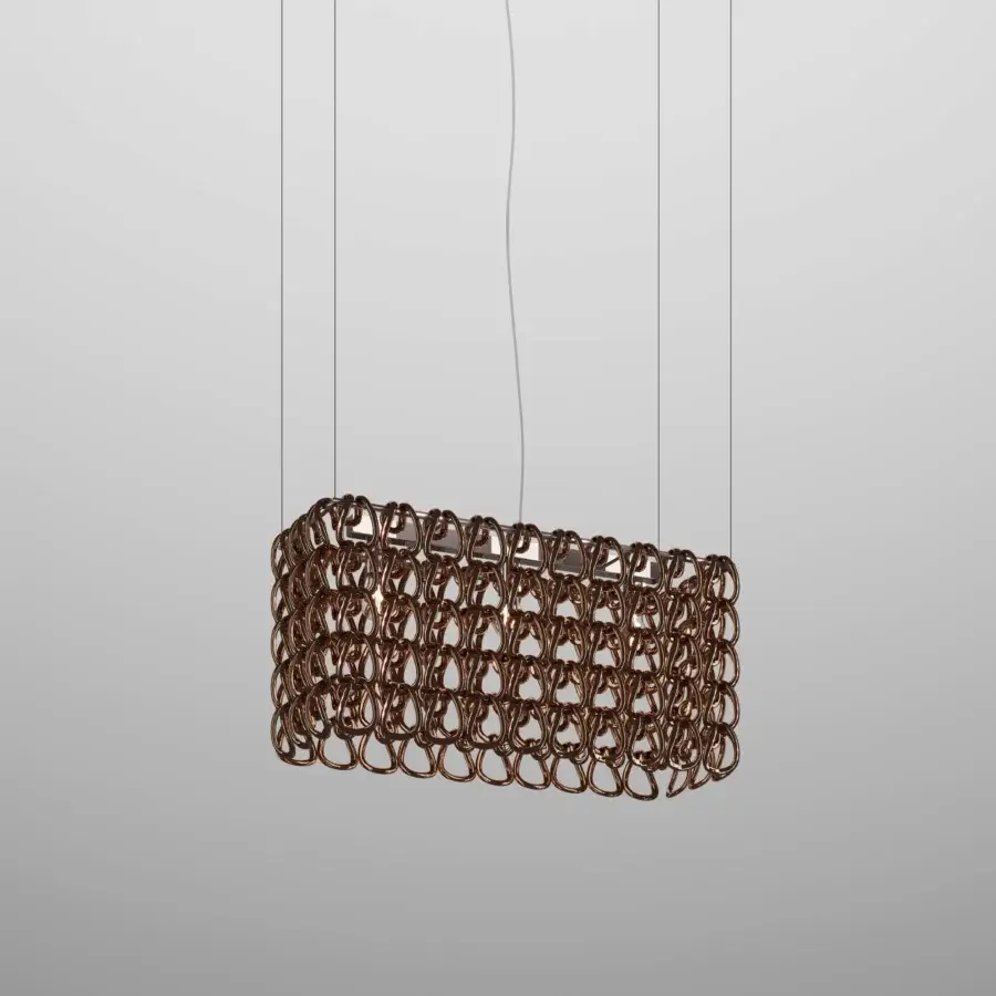 Distinguished Vistosi Giogali Cube suspension lamp with a meticulous open structure woven in reddish-bronze tone metal