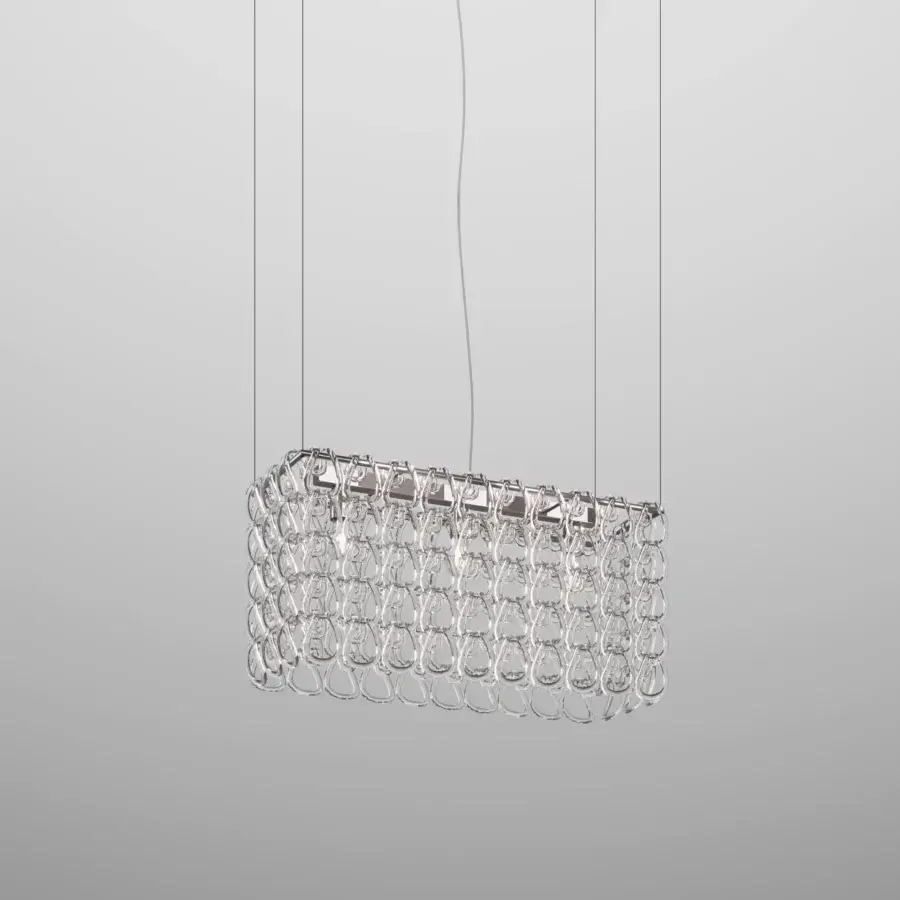 Exceptional Vistosi Giogali Cube suspension lamp with interlocking transparent glass circles and polished metal construction exhibiting a glossy finish