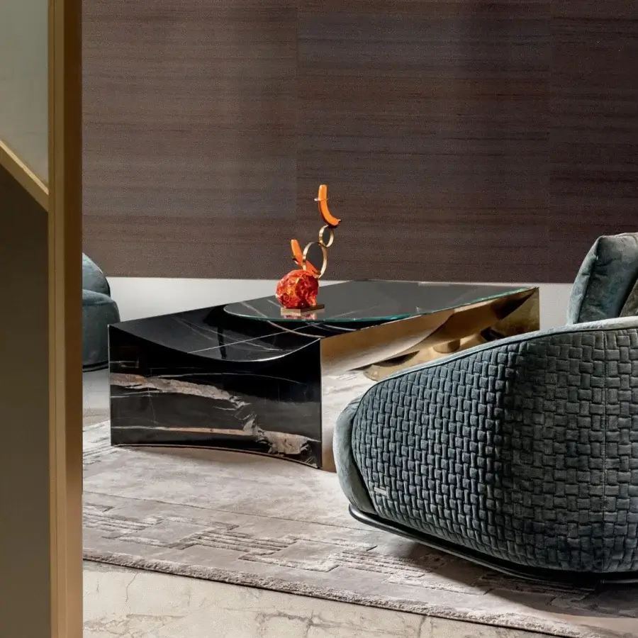 Exceptional Visionnaire Kerwan coffee table crafted with curved marble, clear glass and satin-finish metal delivering a contemporary aesthetic