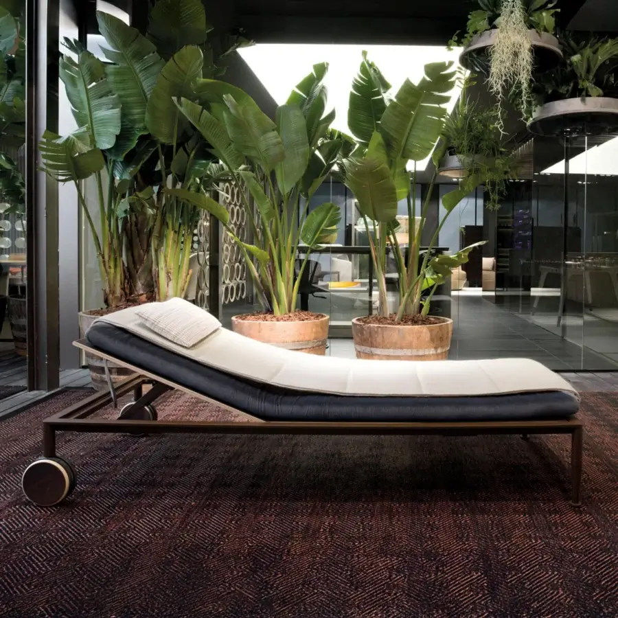Superior Giorgetti Gea lounger with carob aluminum frame and dual-tone breathable textile cushioning for refined outdoor indulgence