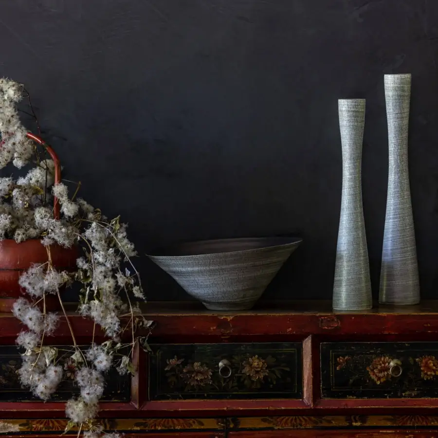 Exclusive Rina Menardi Campanelle centerpiece crafted from baked clay with a satin silver-grey finish
