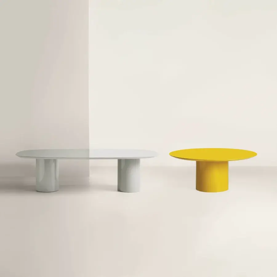 Captivating Frag Myon dining table with bright yellow glossy lacquered MDF tabletop and cylindrical base