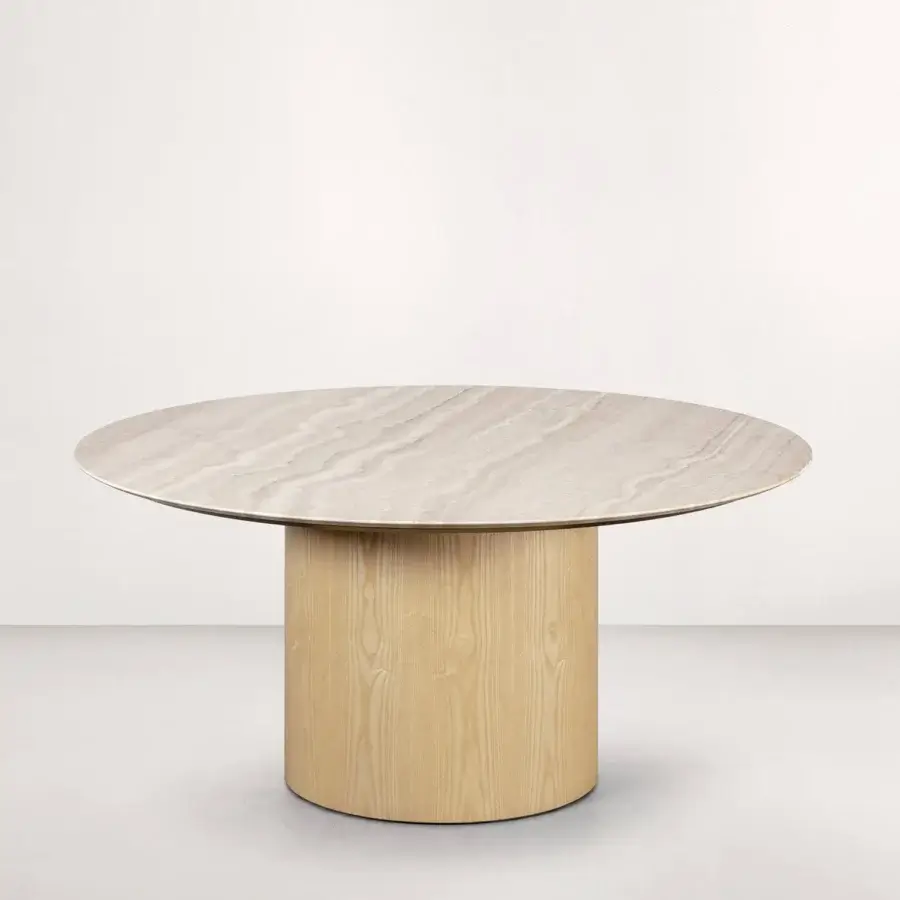 Elegant Frag Myon dining table with grey and beige veined marble top and warm pale yellow wood cylindrical base