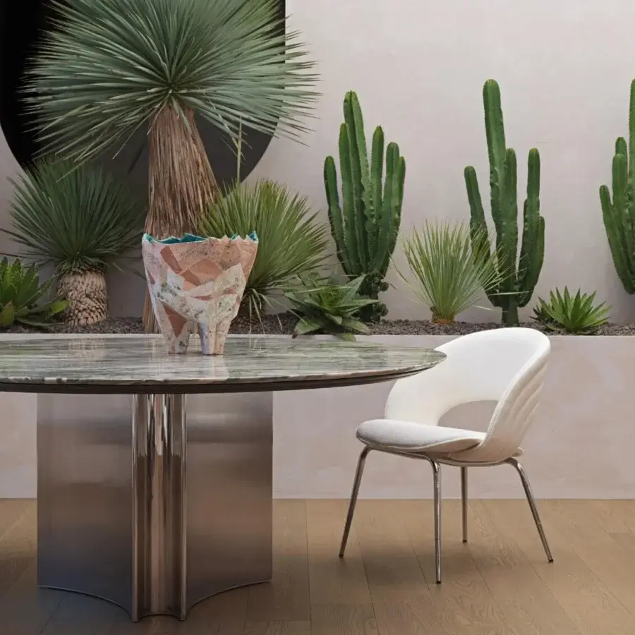 Superior Visionnaire Kerwan Outdoor table crafted in Italy with polished green and grey marble tabletop and bronze-like satin stainless steel base