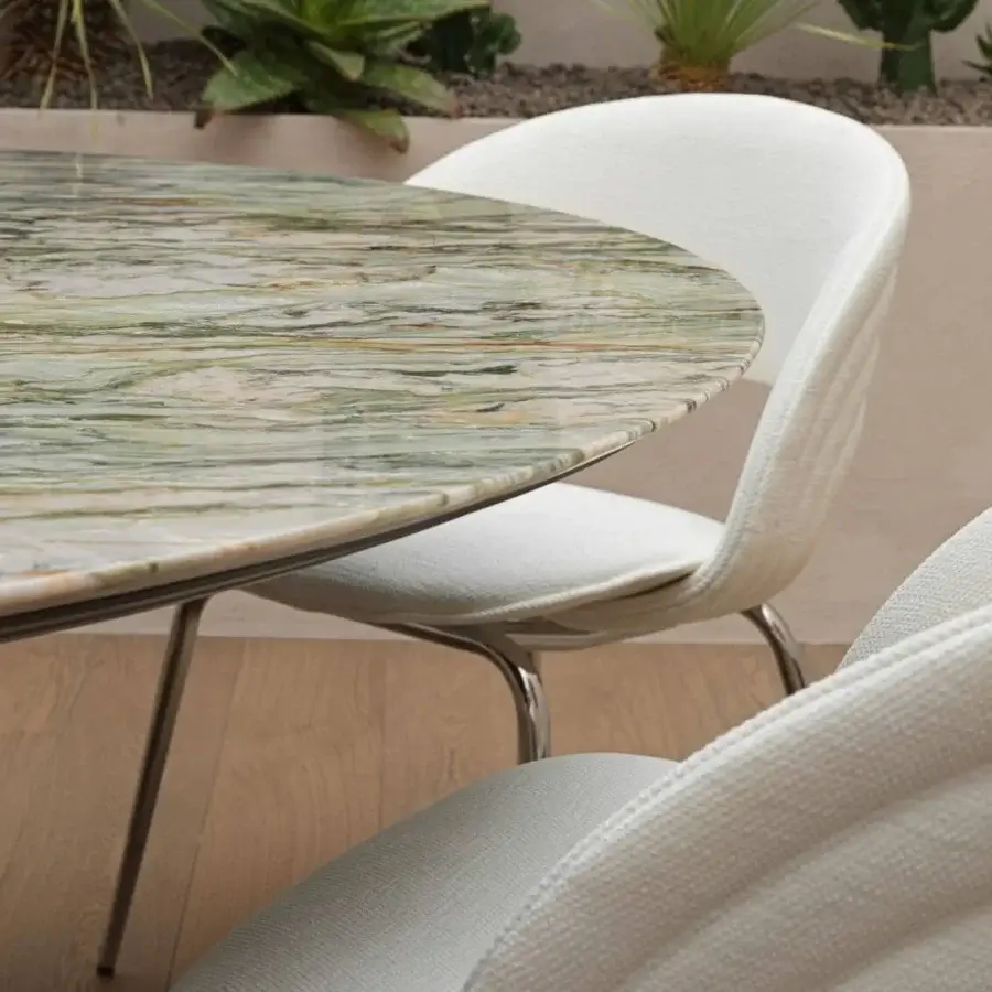 Distinguished Visionnaire Kerwan Outdoor table crafted in Italy with polished green and cream veined marble tabletop and hand-polished stainless steel base