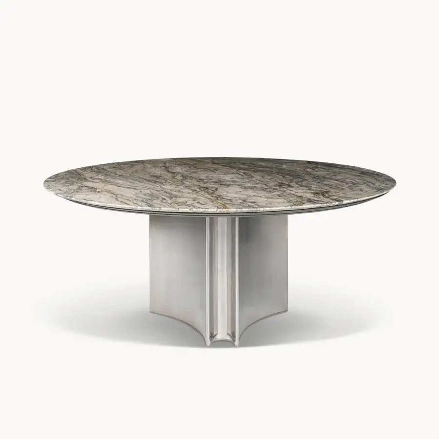 Elegant Visionnaire Kerwan Outdoor table crafted in Italy with grey, beige, and brown marble and satin finished stainless steel
