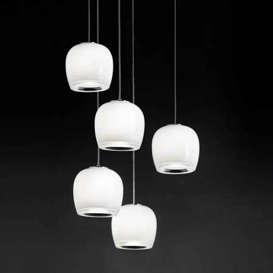 Superior Vistosi Implode suspension lamp crafted in translucent white Murano glass with a softly rippled finish