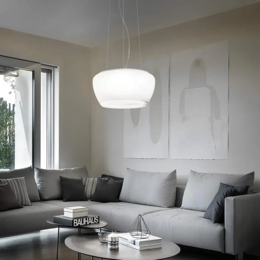 Elegant Vistosi Implode suspension lamp crafted in matte white Murano glass transitioning to crystal-clear with a rippled effect