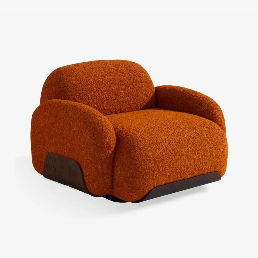 Exceptional Carpanese Home Bubble Lounge chair in reddish-brown bouclé upholstery with curved wooden base