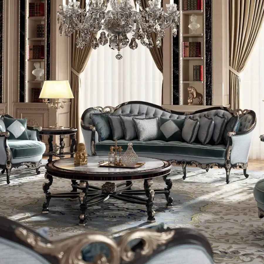 Distinguished Armando Rho A1383 sofa crafted in Italy with baroque influences, black distressed finish and antique silver leaf accents