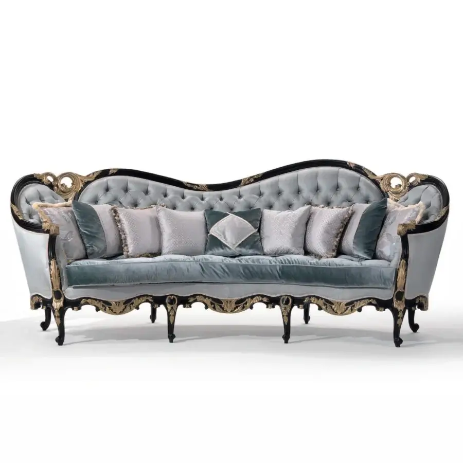 Exquisite Armando Rho A1383 sofa crafted in muted teal and silver-grey textiles with quilted detailing and black distressed finish