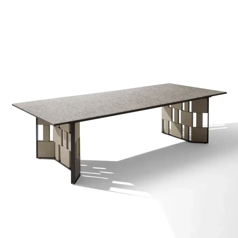 Superior Giorgetti Break table with textural Etna lava stone, carob powder-coated aluminum, and ash wood legs