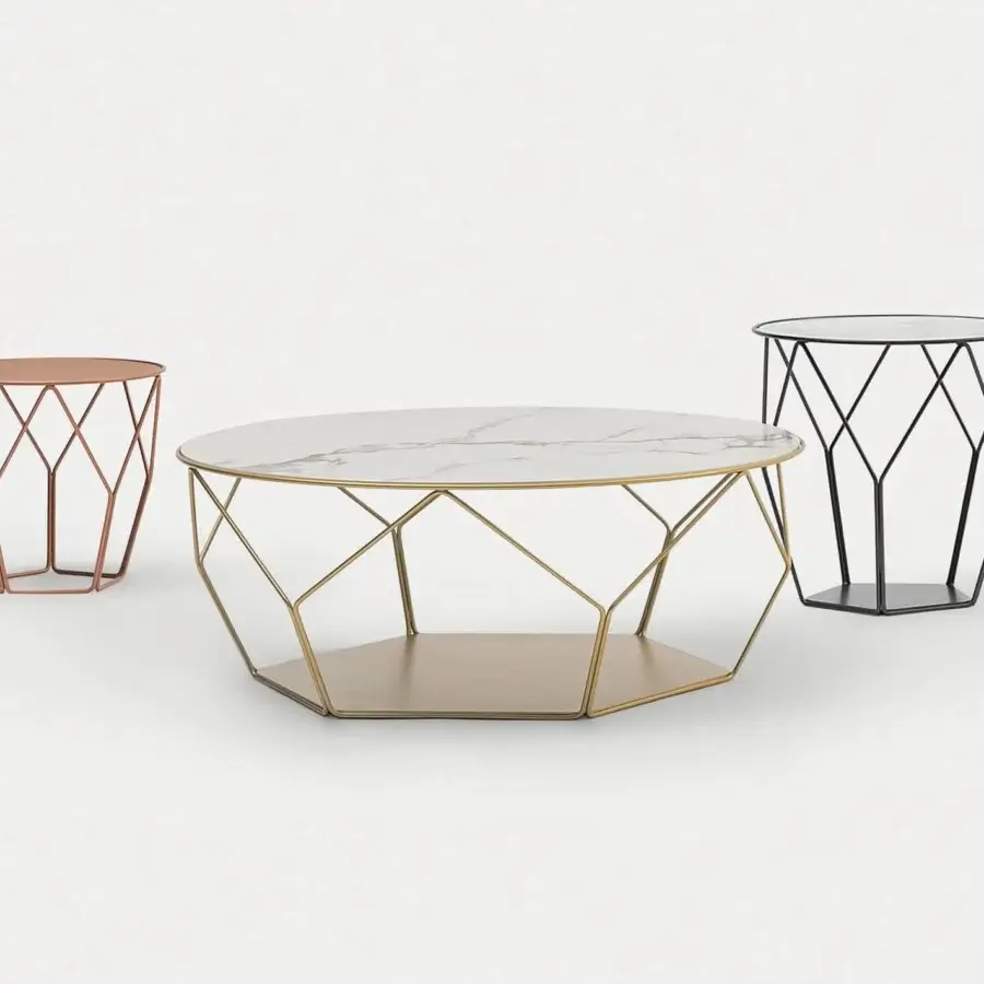 Exclusive Bonaldo Arbor side table with a corolla-like gold-finished metal base and oblong marble patterned top