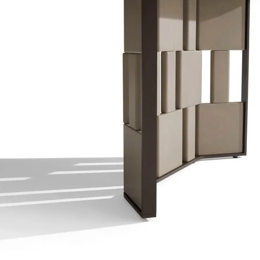 Distinguished Giorgetti Break table, a room divider crafted with warm ash wood and light beige padded inserts, exhibiting a minimalist finish