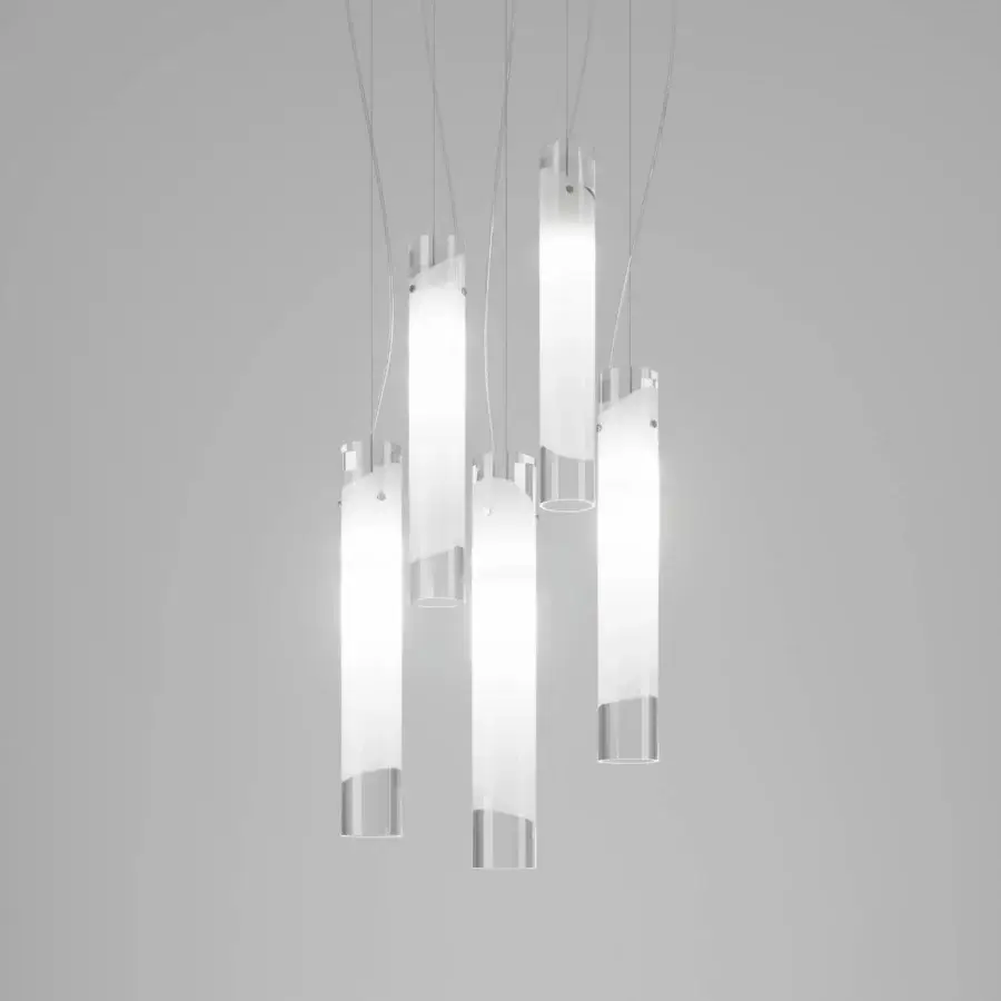 Elegant Vistosi Lio suspension lamp, a handcrafted fixture in translucent white glass with crystal bodies and subtle gray metallic accents