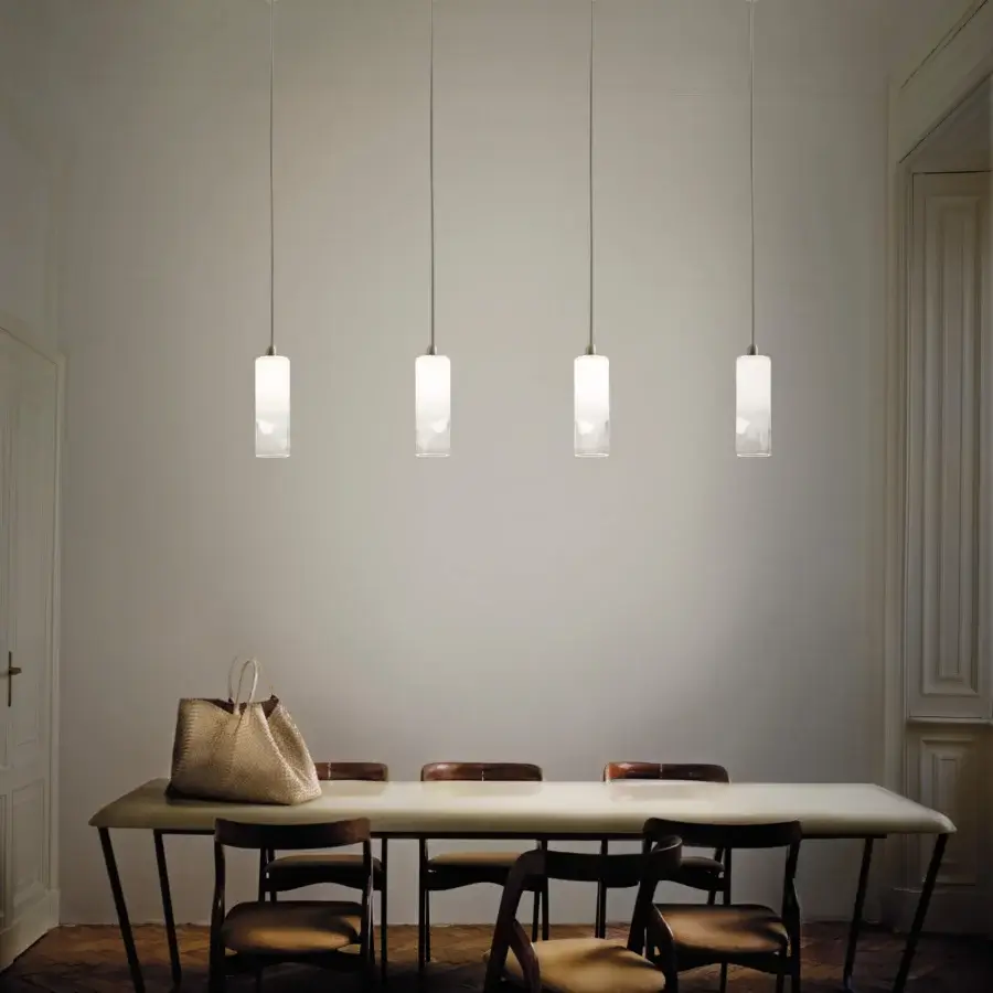 Exceptional Vistosi Lio suspension lamp, a handcrafted fixture in milky-white glass fused with crystal and soft beige textile within
