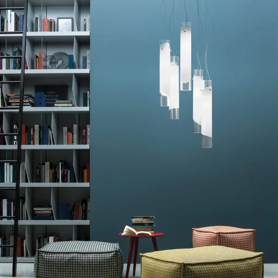 Elegant Vistosi Lio suspension lamp, a refined fixture crafted in crystal with a milky-white glass band and satin finish