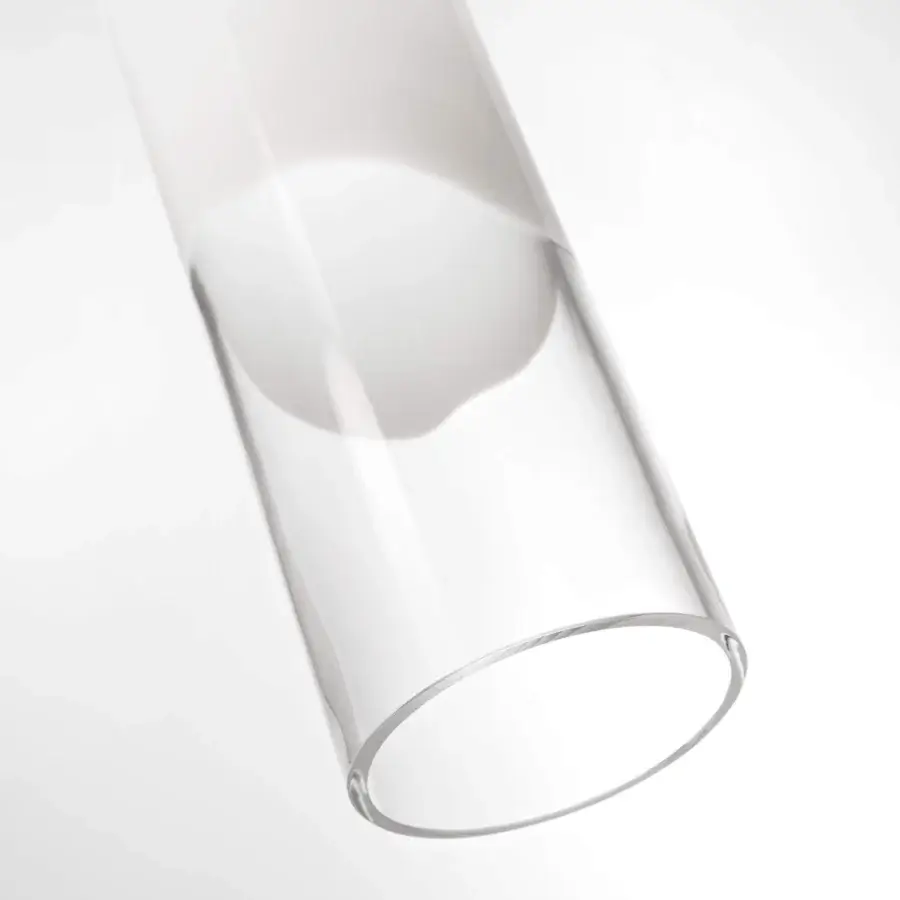 Distinguished Vistosi Lio suspension lamp, a cylindrical fixture handcrafted in clear crystal glass with a milky-white band and glossy finish