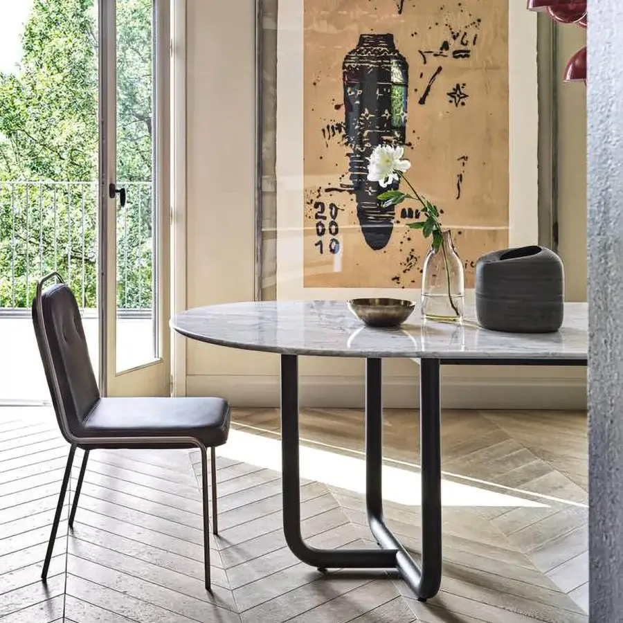 Exceptional Dainelli Studio Frag Paipu dining table with light grey marble top and dark matte steel supports