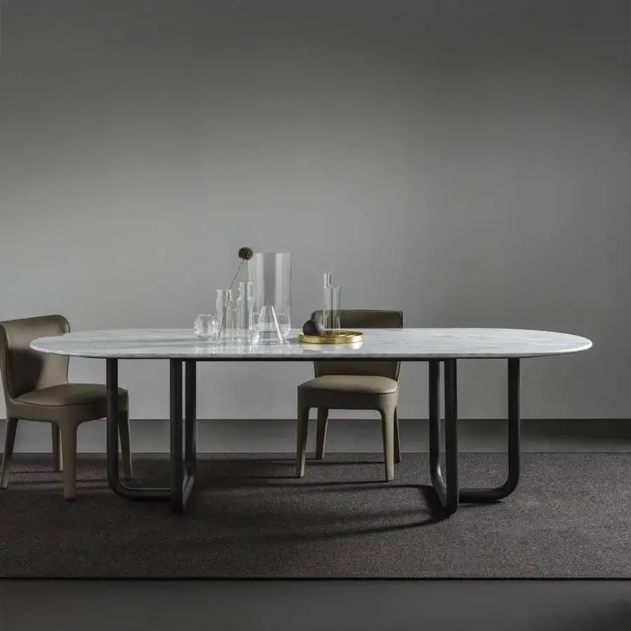 Superior Dainelli Studio Frag Paipu dining table with light grey marble and curved matte black steel tubes