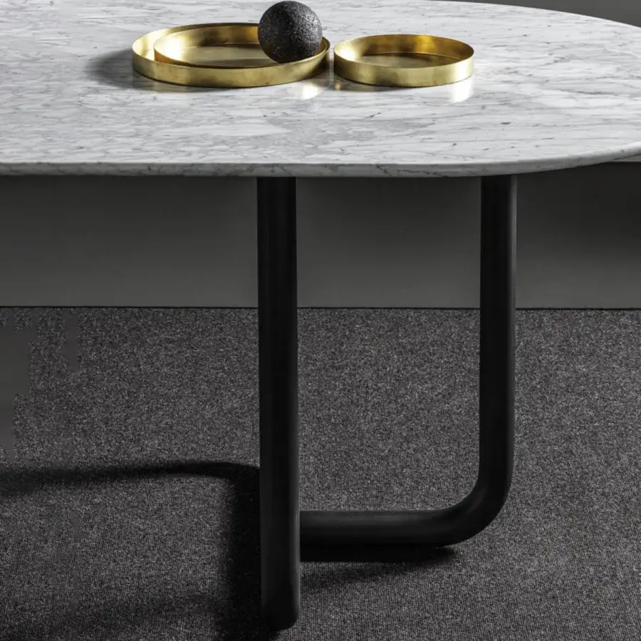 Captivating Dainelli Studio Frag Paipu dining table with grey veined marble and curved matte steel base crafted in Italy