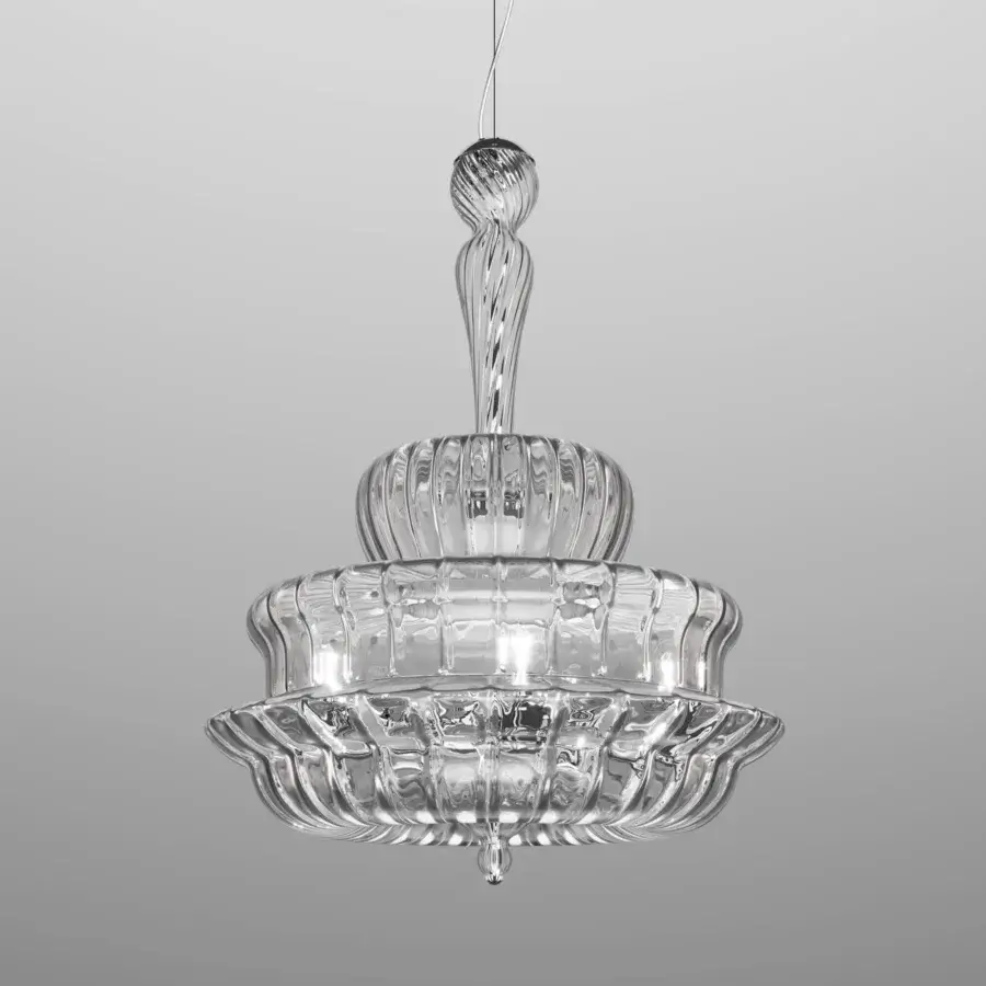 Exceptional Vistosi Novecento suspension lamp crafted in colorless transparency with a signature rigadin finish