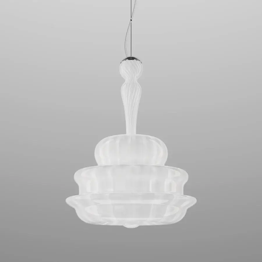 Superior Vistosi Novecento suspension lamp crafted in milky white glass with a rigadin finish