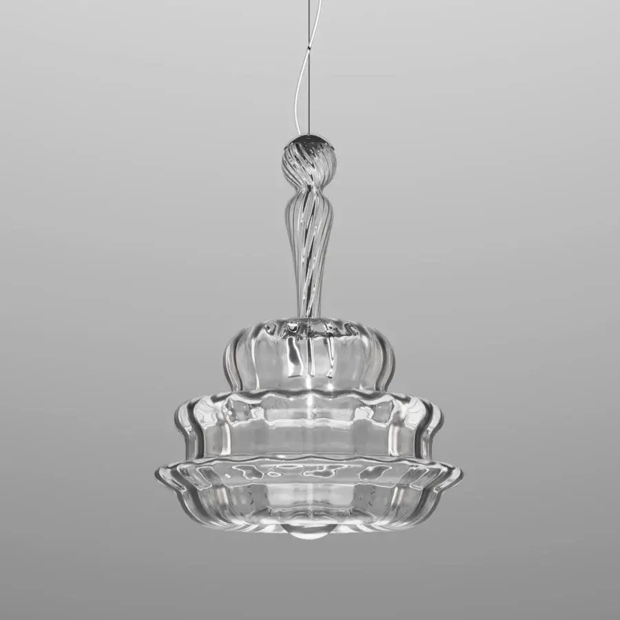 Elegant Vistosi Novecento suspension lamp crafted in clear glass with a signature rigadin finish