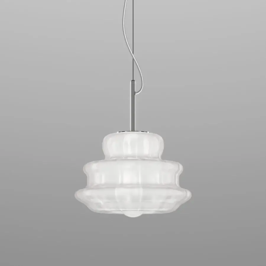 Distinguished Vistosi Novecento suspension lamp crafted in milky white glass with a rigadin finish
