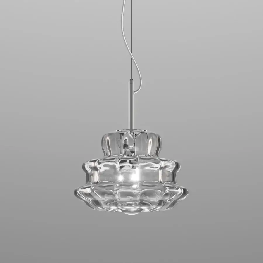 Exceptional Vistosi Novecento suspension lamp crafted in clear glass with a signature rigadin finish