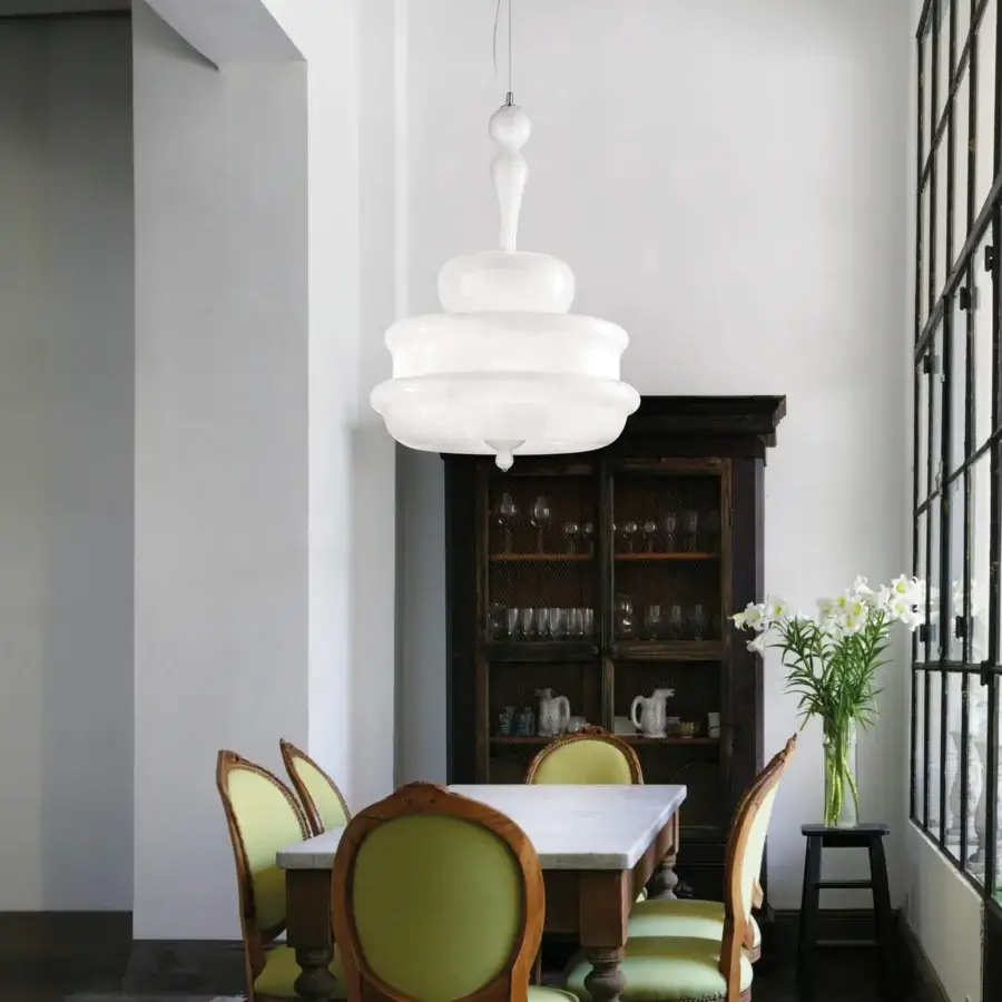 Superior Vistosi Novecento suspension lamp crafted in milky white glass with a signature rigadin finish