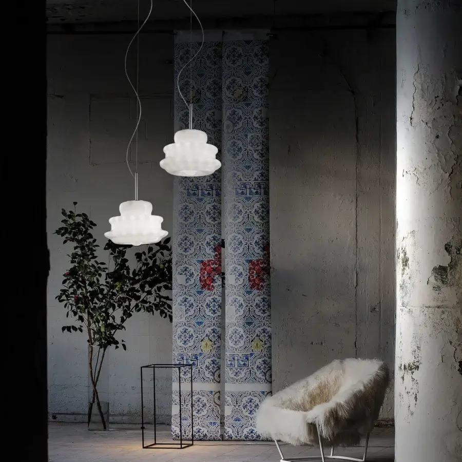 Exceptional Vistosi Novecento suspension lamp crafted in off-white glass with a signature rigadin finish