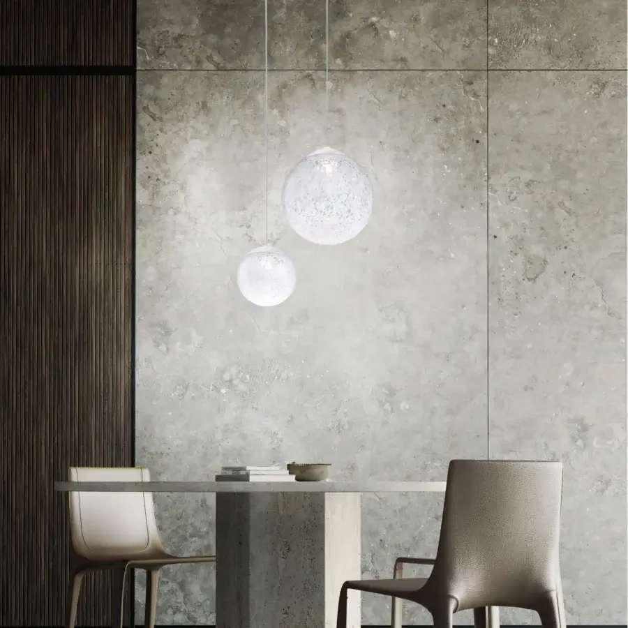 Superior Vistosi Rina suspension lamp crafted in clear crystal with translucent white glass dots and matte white finish