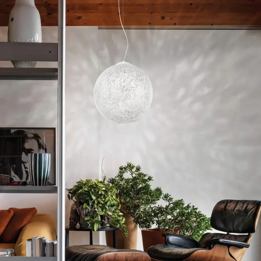 Distinguished Vistosi Rina suspension lamp crafted in clear crystal with translucent white glass dots and matte white finish