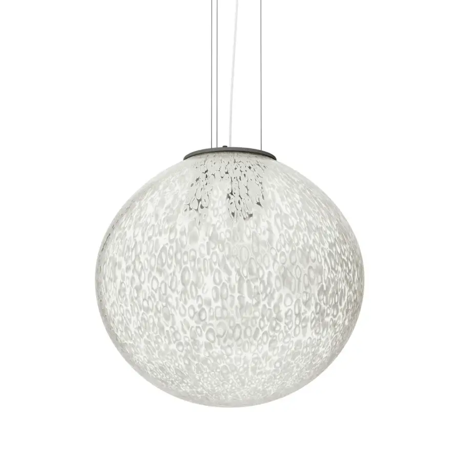 Exceptional Vistosi Rina suspension lamp crafted in clear crystal with translucent white murrine dots and matte finish