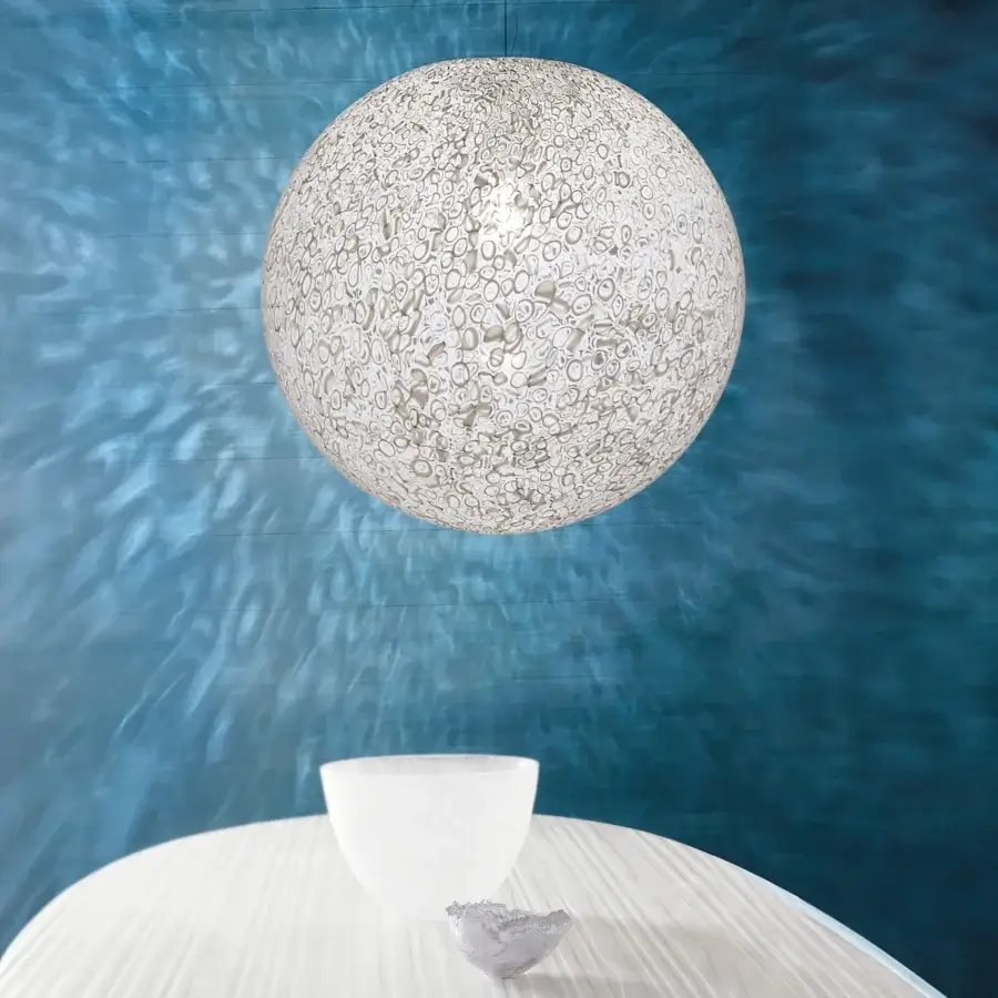 Superior Vistosi Rina suspension lamp crafted in clear crystal with translucent white glass dots using a murrine technique