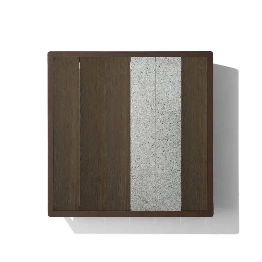 Exceptional Giorgetti Gea table crafted in carob powder-coated aluminum with stone oak and Etna lava stone surfaces