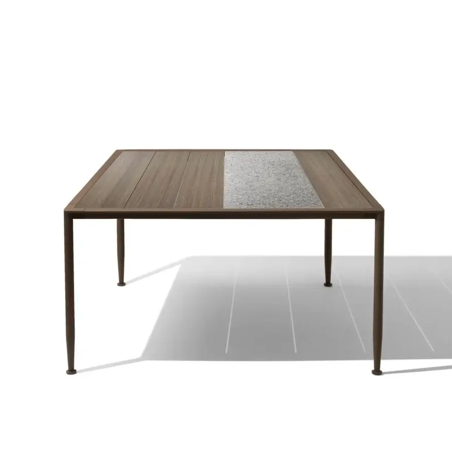 Luxury Giorgetti Gea table crafted in carob powder-coated aluminum with stone oak and Etna lava stone tabletop
