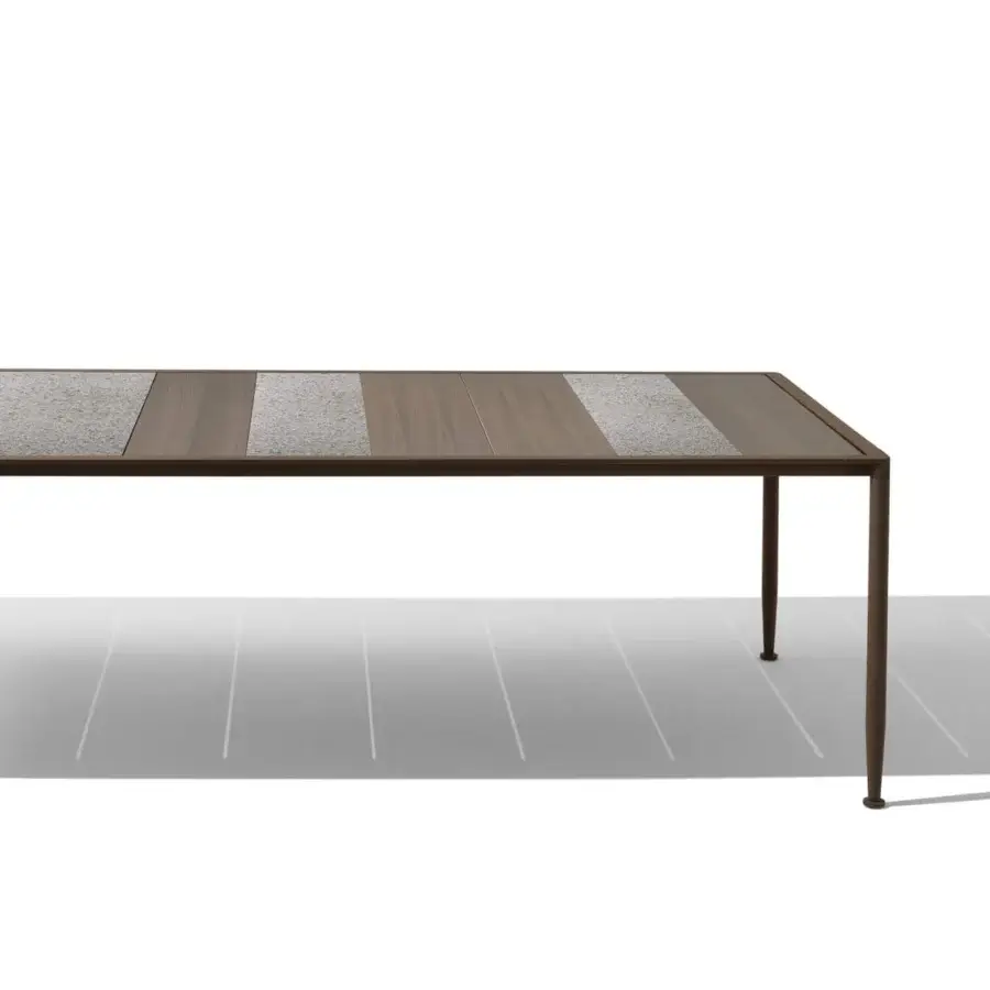 Sophisticated Giorgetti Gea table crafted in carob powder-coated aluminum with stone oak and Etna lava stone surface