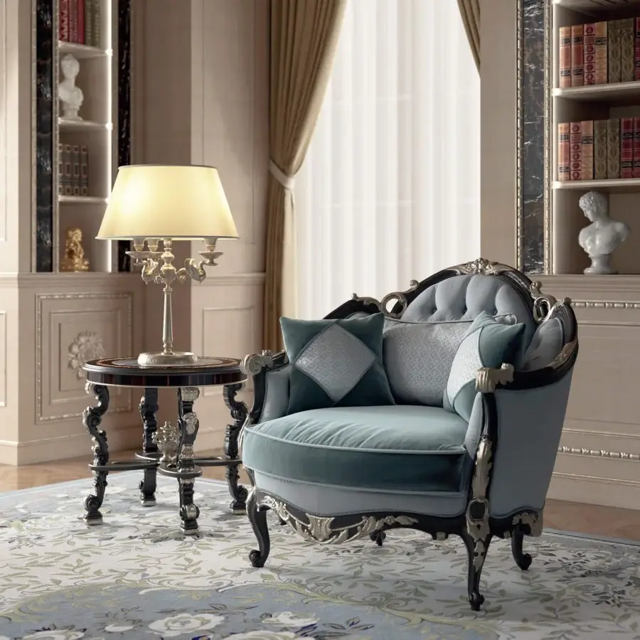 Distinguished Armando Rho A1384 lounge chair with muted teal blue textile and black distressed wood with antique silver leaf detailing