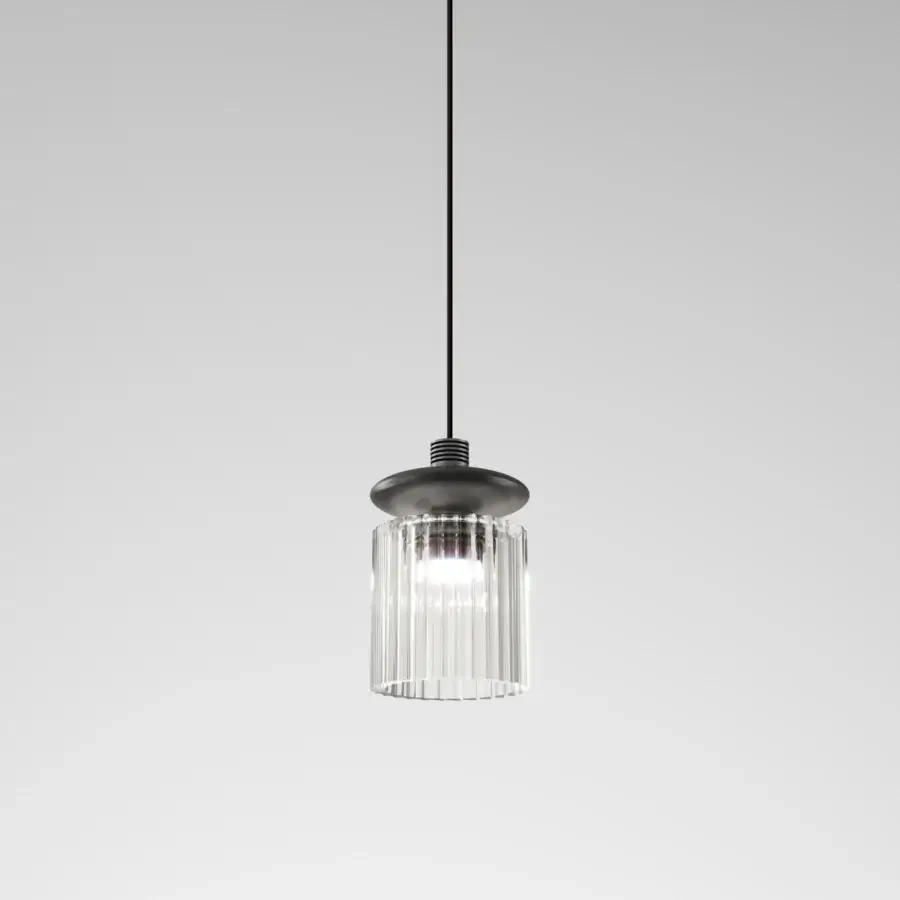Exceptional Vistosi Tread suspension lamp with clear ribbed glass diffuser and dark-toned metal cap exhibiting a matte finish