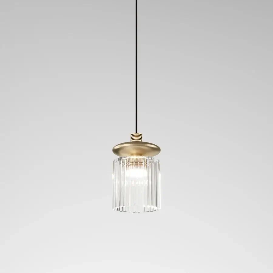 Superior Vistosi Tread suspension lamp with warm gold-toned metallic cap and vertically fluted clear glass diffuser