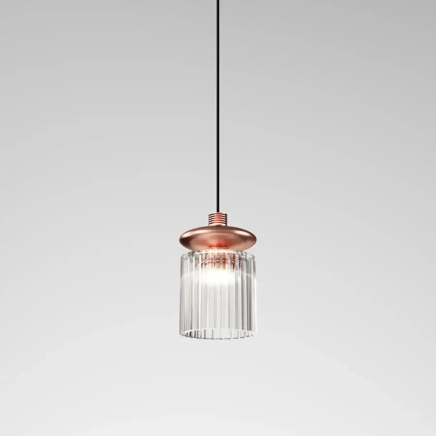 Avant-garde Vistosi Tread suspension lamp crafted in clear ribbed glass with a copper-toned metal cap and glossy finish