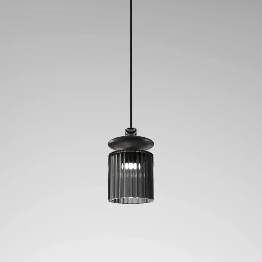 Distinguished Vistosi Tread suspension lamp crafted in matte black metal with a ribbed smoky grey glass enclosure