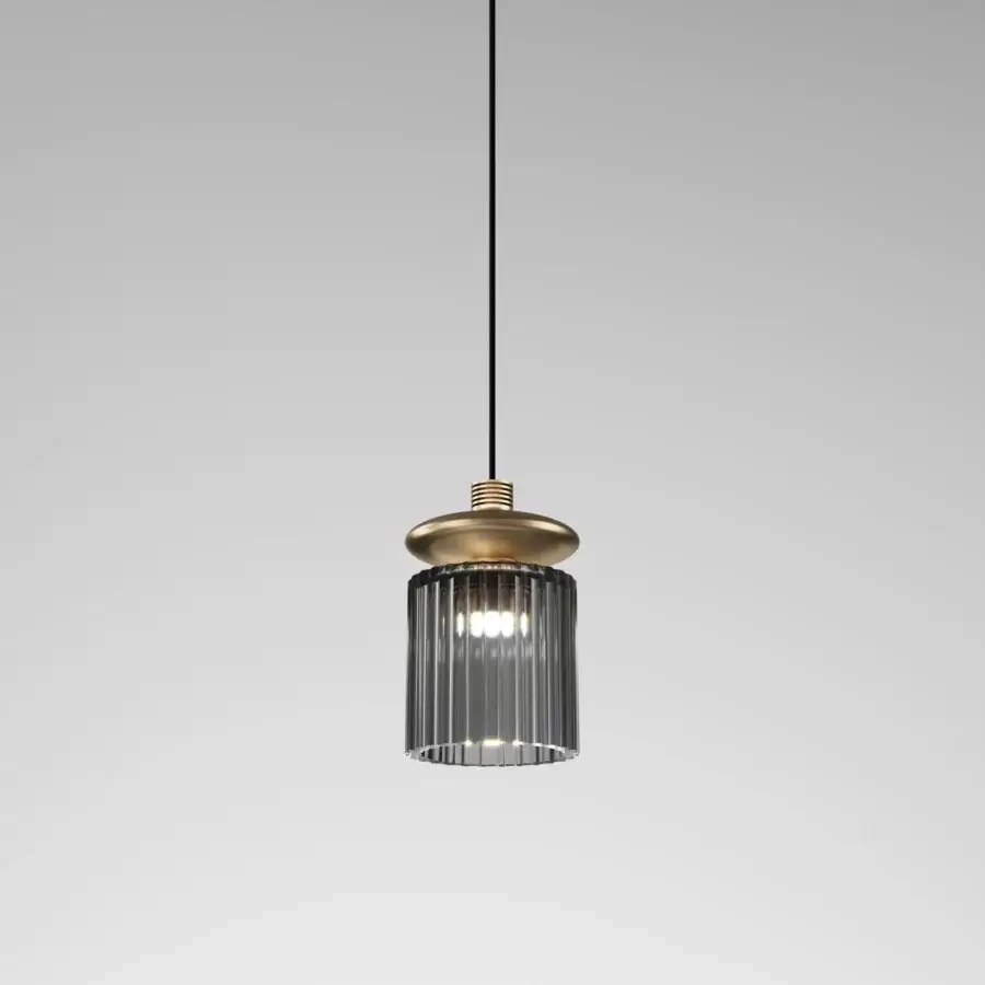 Exceptional Vistosi Tread suspension lamp crafted in warm brass-toned metal with a vertically ribbed clear glass diffuser