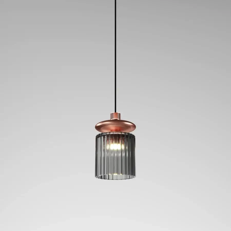Superior Vistosi Tread suspension lamp crafted in warm copper-toned metal with a textured, concentric ring finish and clear ribbed glass diffuser