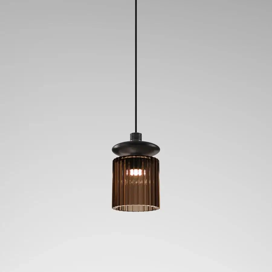 Elegant Vistosi Tread suspension lamp crafted in matte black metal with warm amber glass diffuser
