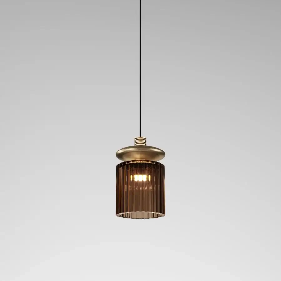 Avant-garde Vistosi Tread suspension lamp crafted in brownish-amber hand-blown glass with a brass-like metal finish