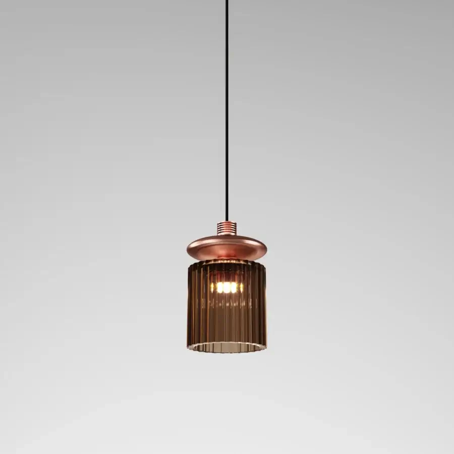Distinguished Vistosi Tread suspension lamp crafted in brownish-amber hand-blown glass with a copper-toned metal heat sink